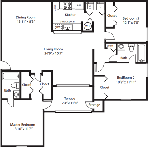 Floor plan for 3 beds, 2 baths, 1525 sqft